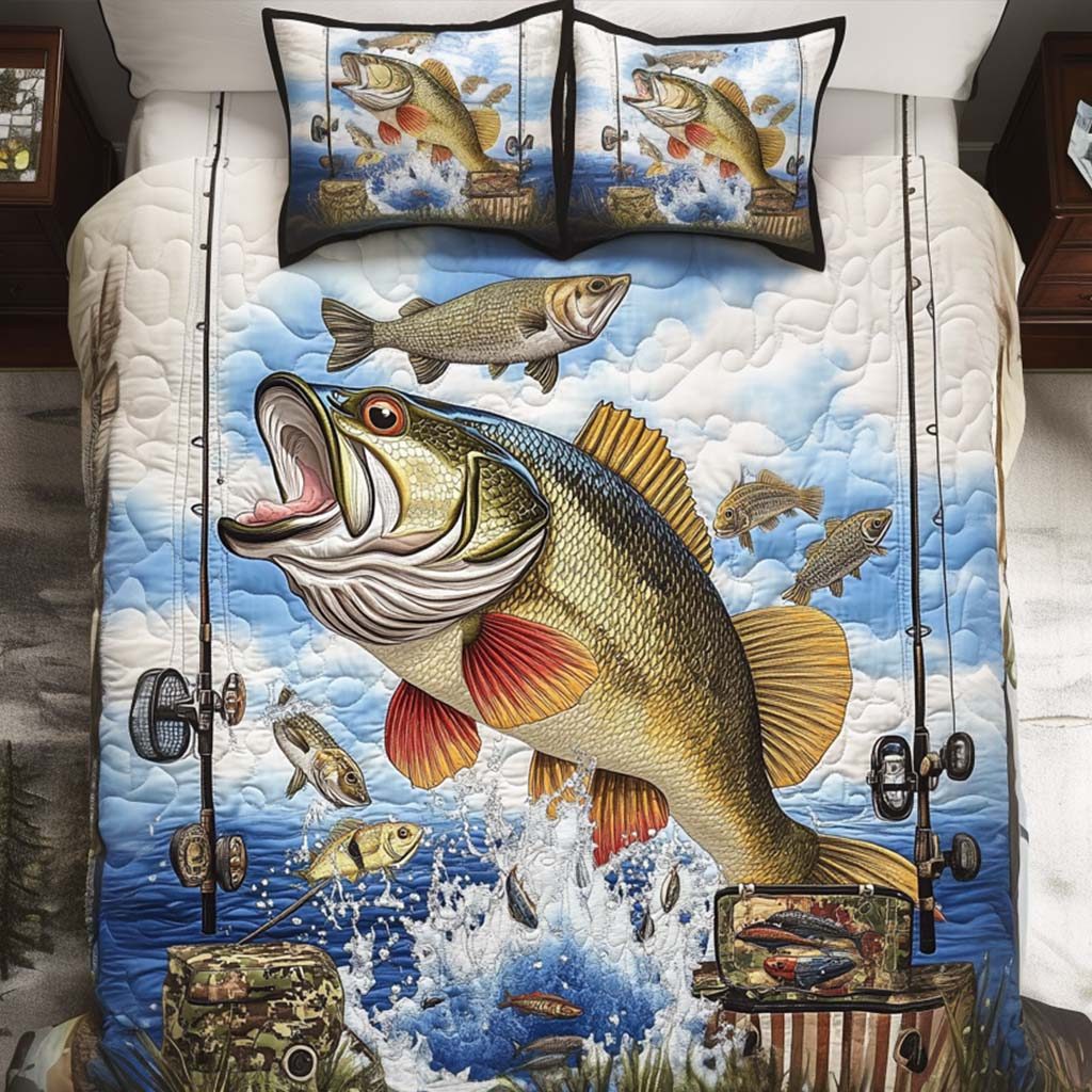 Trophy Catch quilted 3-piece bedding set on a made bed with two matching pillow shams