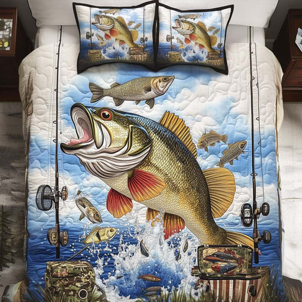 Trophy Catch quilted 3-piece bedding set on a made bed with two matching pillow shams