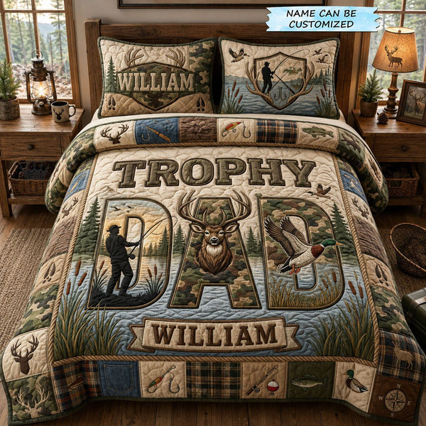 Trophy Dad 3-Piece Quilted Bedding Set QTCUZ quilted 3-piece bedding set on a made bed with two matching pillow shams