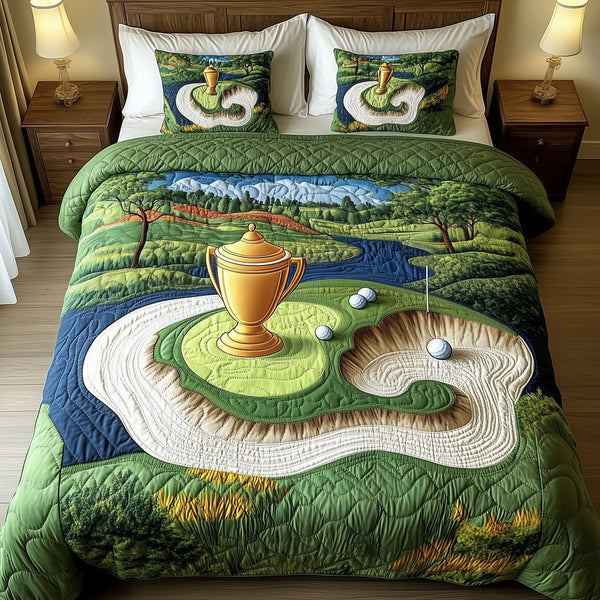 Trophy Dreams quilted 3-piece bedding set on a made bed with two matching pillow shams