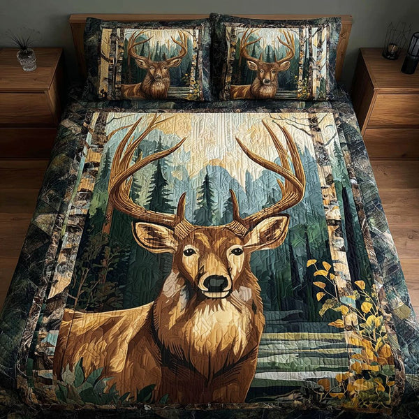 Trophy Stag quilted 3-piece bedding set on a made bed with two matching pillow shams