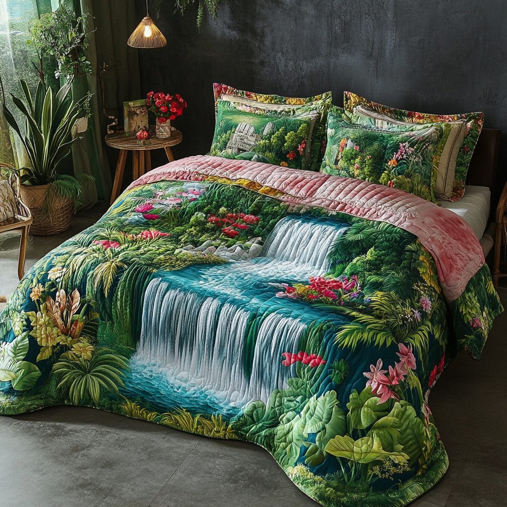 Tropic Haven quilted 3-piece bedding set on a made bed with two matching pillow shams