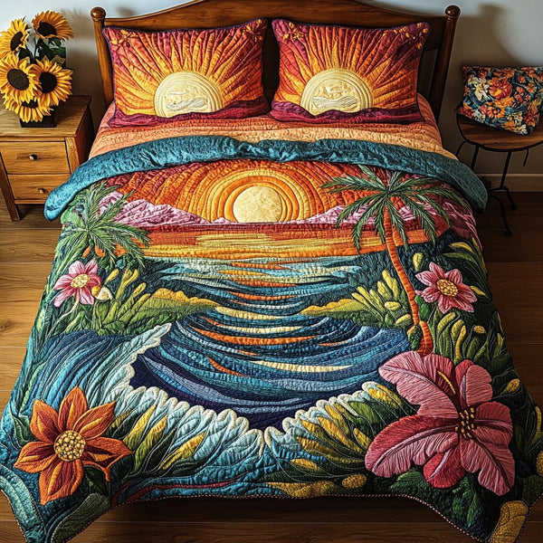 Tropic Shine quilted 3-piece bedding set on a made bed with two matching pillow shams