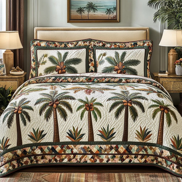 Tropic Touch quilted 3-piece bedding set on a made bed with two matching pillow shams