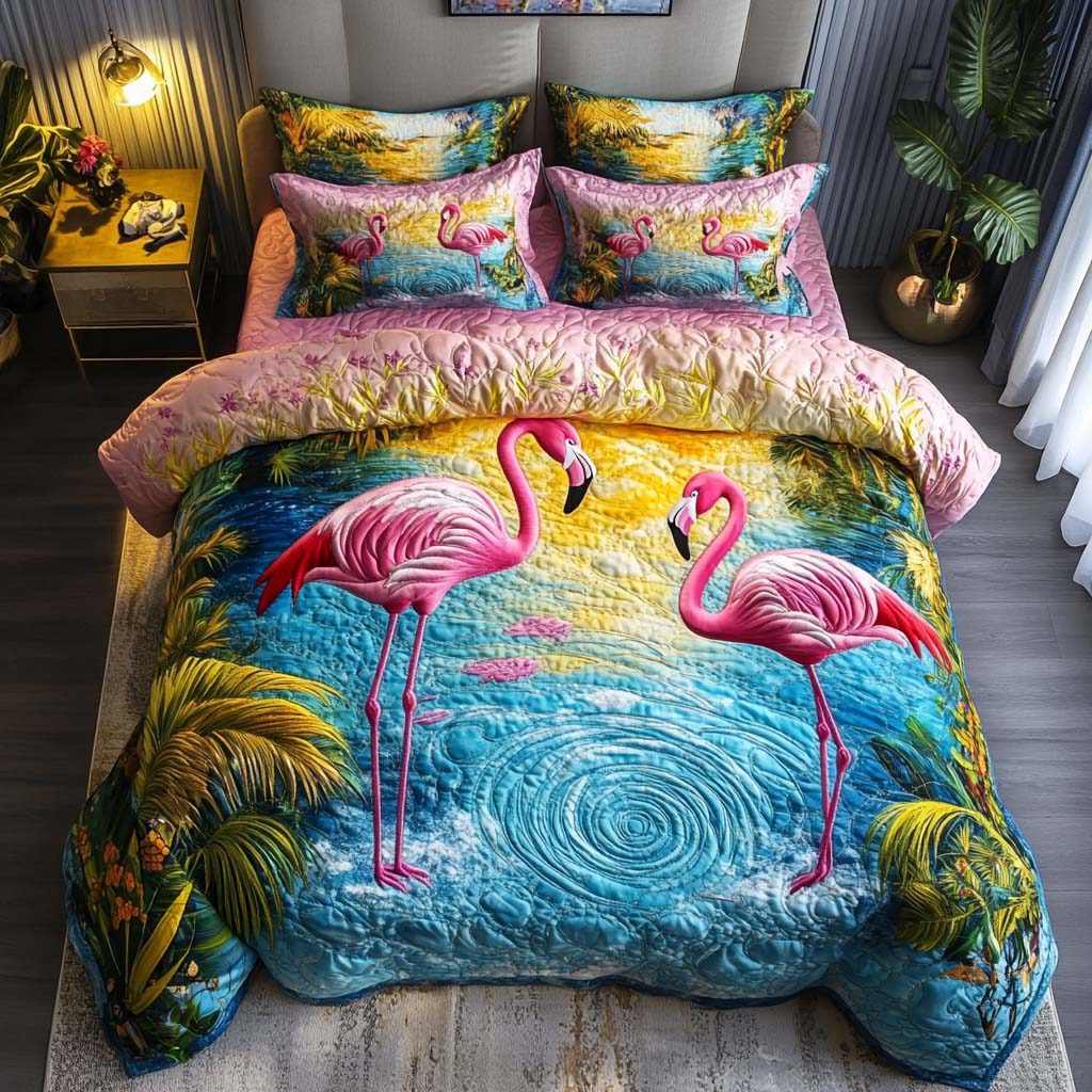 Tropic Twirl quilted 3-piece bedding set on a made bed with two matching pillow shams