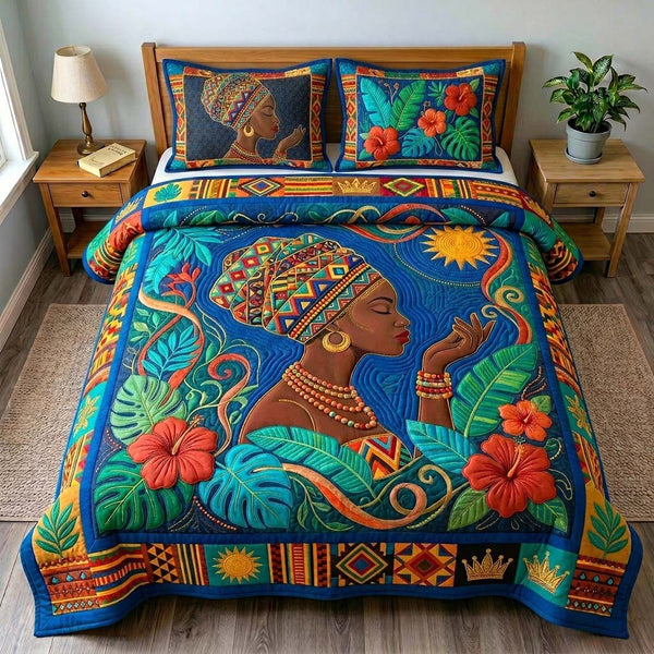 Tropical Afro Bloom quilted 3-piece bedding set on a made bed in a light coastal bedroom