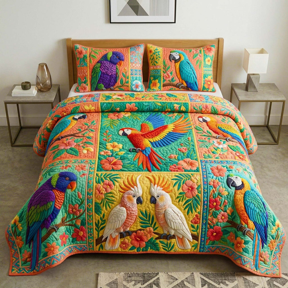 Tropical Avian quilted 3-piece bedding set on a made bed in a light coastal bedroom