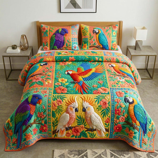 Tropical Avian quilted 3-piece bedding set on a made bed in a light coastal bedroom