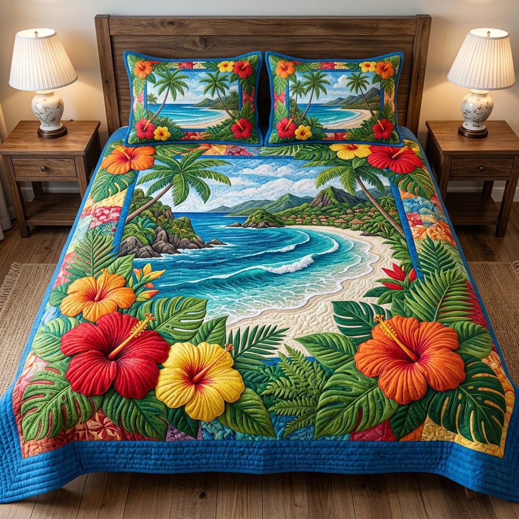 Tropical Bay Bloom quilted 3-piece bedding set on a made bed in a light coastal bedroom