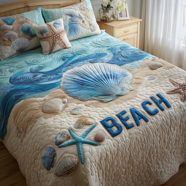 Tropical Beach quilted 3-piece bedding set on a made bed in a light coastal bedroom