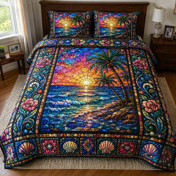 Tropical Beach quilted 3-piece bedding set on a made bed in a light coastal bedroom