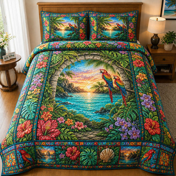 Tropical Beach quilted 3-piece bedding set on a made bed in a light coastal bedroom