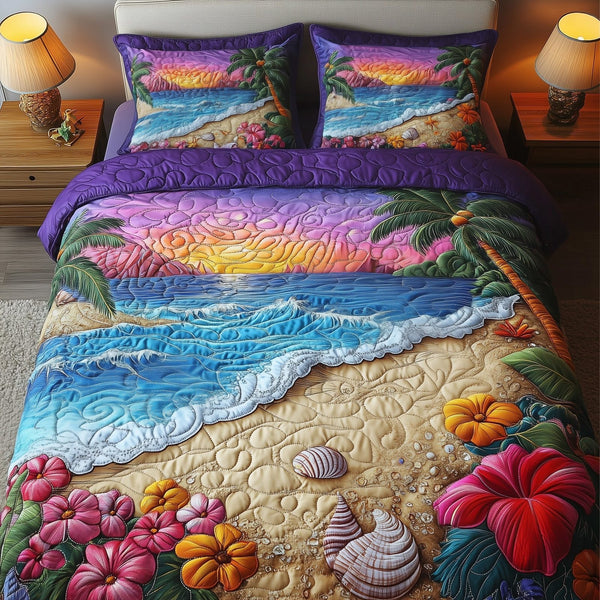 Tropical Beach quilted 3-piece bedding set on a made bed in a light coastal bedroom
