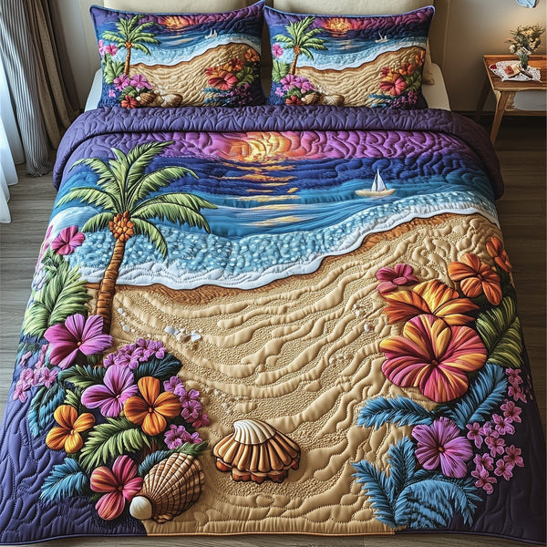 Tropical Beach quilted 3-piece bedding set on a made bed in a light coastal bedroom