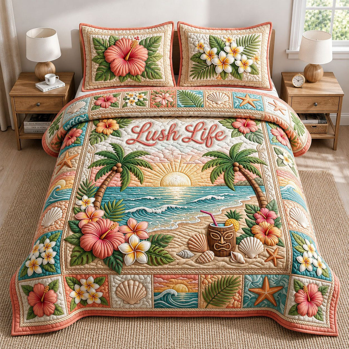 Tropical Beach quilted 3-piece bedding set on a made bed in a light coastal bedroom