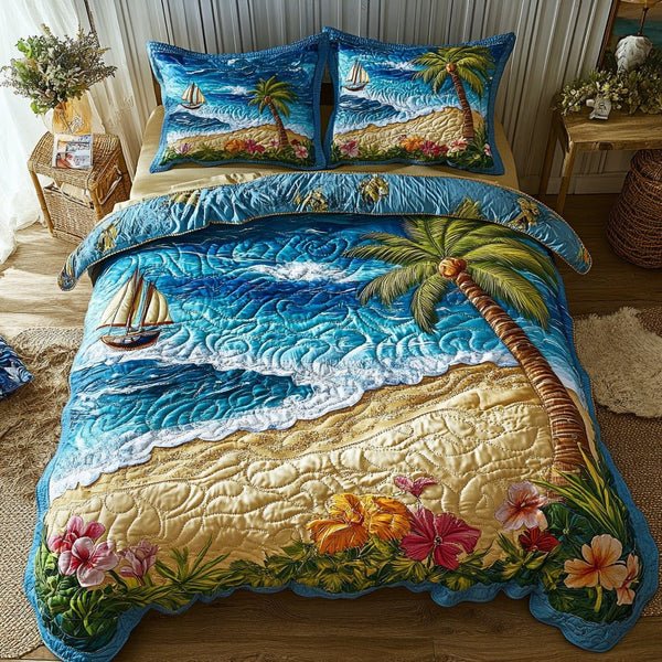 Tropical Beach quilted 3-piece bedding set on a made bed in a light coastal bedroom