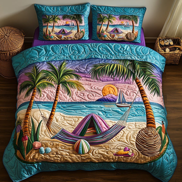 Tropical Beach Vibe quilted 3-piece bedding set on a made bed in a light coastal bedroom