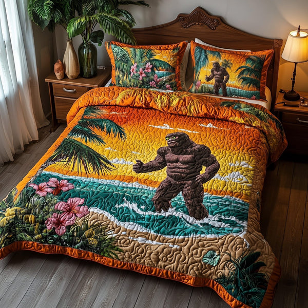 Tropical Bigfoot quilted 3-piece bedding set on a made bed in a light coastal bedroom