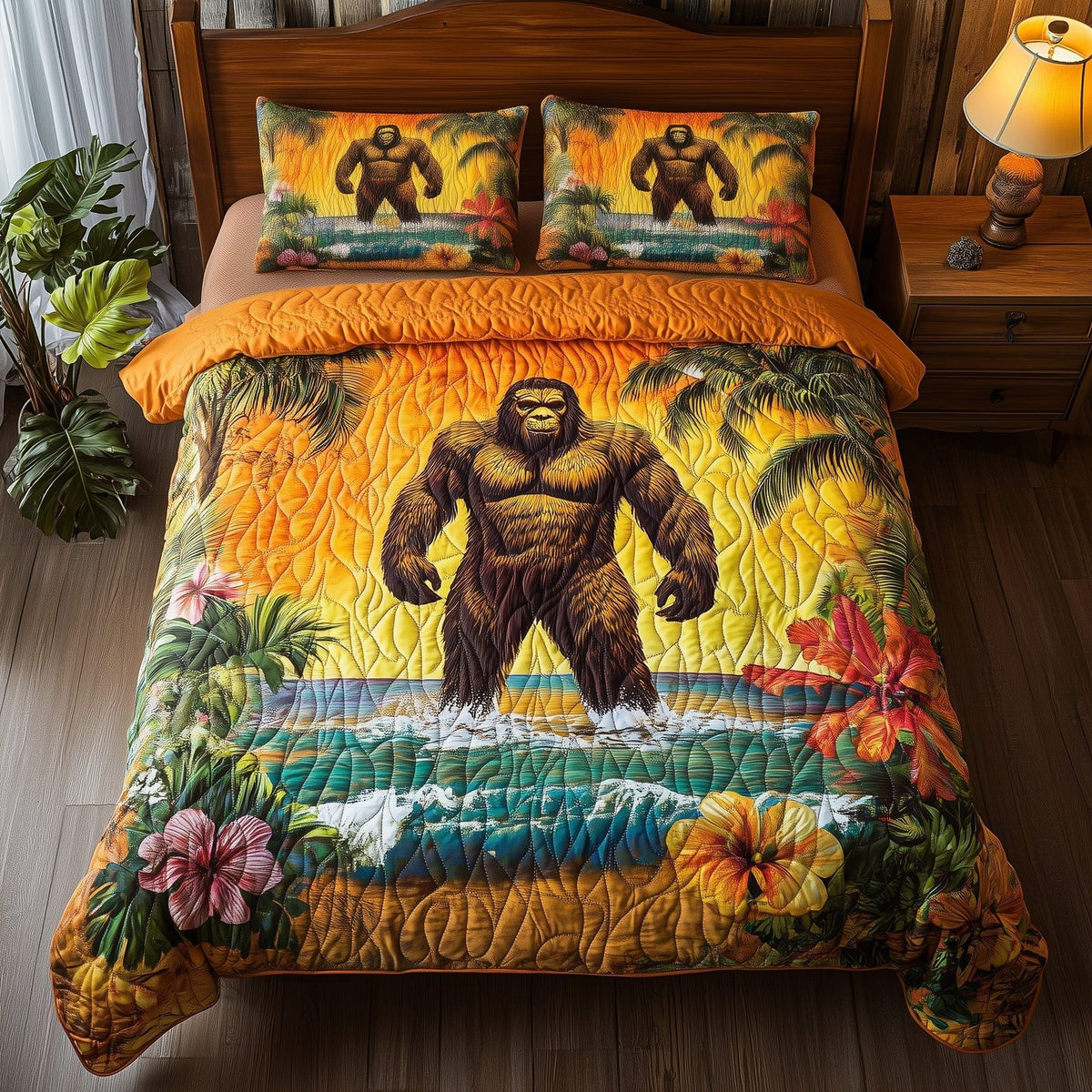 Tropical Bigfoot quilted 3-piece bedding set on a made bed in a light coastal bedroom