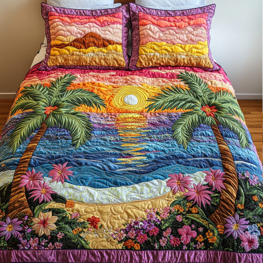 Tropical Bliss quilted 3-piece bedding set on a made bed in a light coastal bedroom