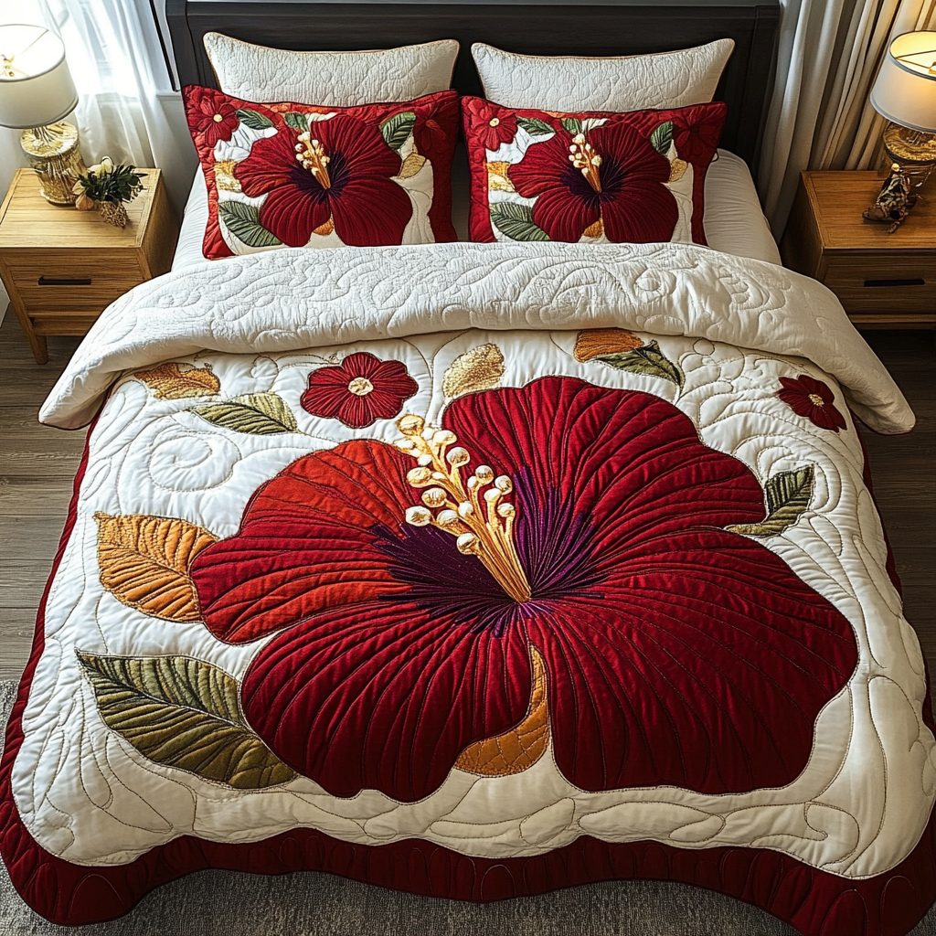 Tropical Bloom quilted 3-piece bedding set on a made bed in a light coastal bedroom