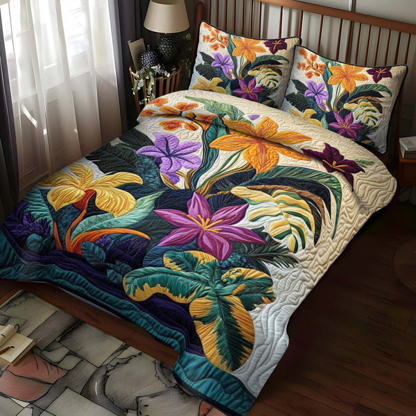 Tropical Bloom quilted 3-piece bedding set on a made bed in a light coastal bedroom