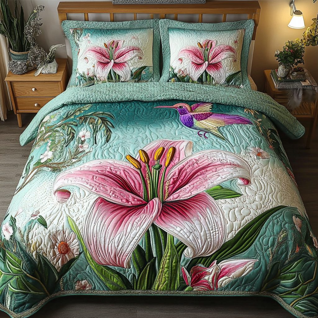 Tropical Bloom quilted 3-piece bedding set on a made bed in a light coastal bedroom