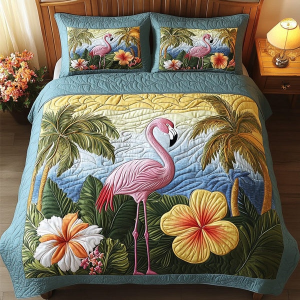 Tropical Bloom quilted 3-piece bedding set on a made bed in a light coastal bedroom