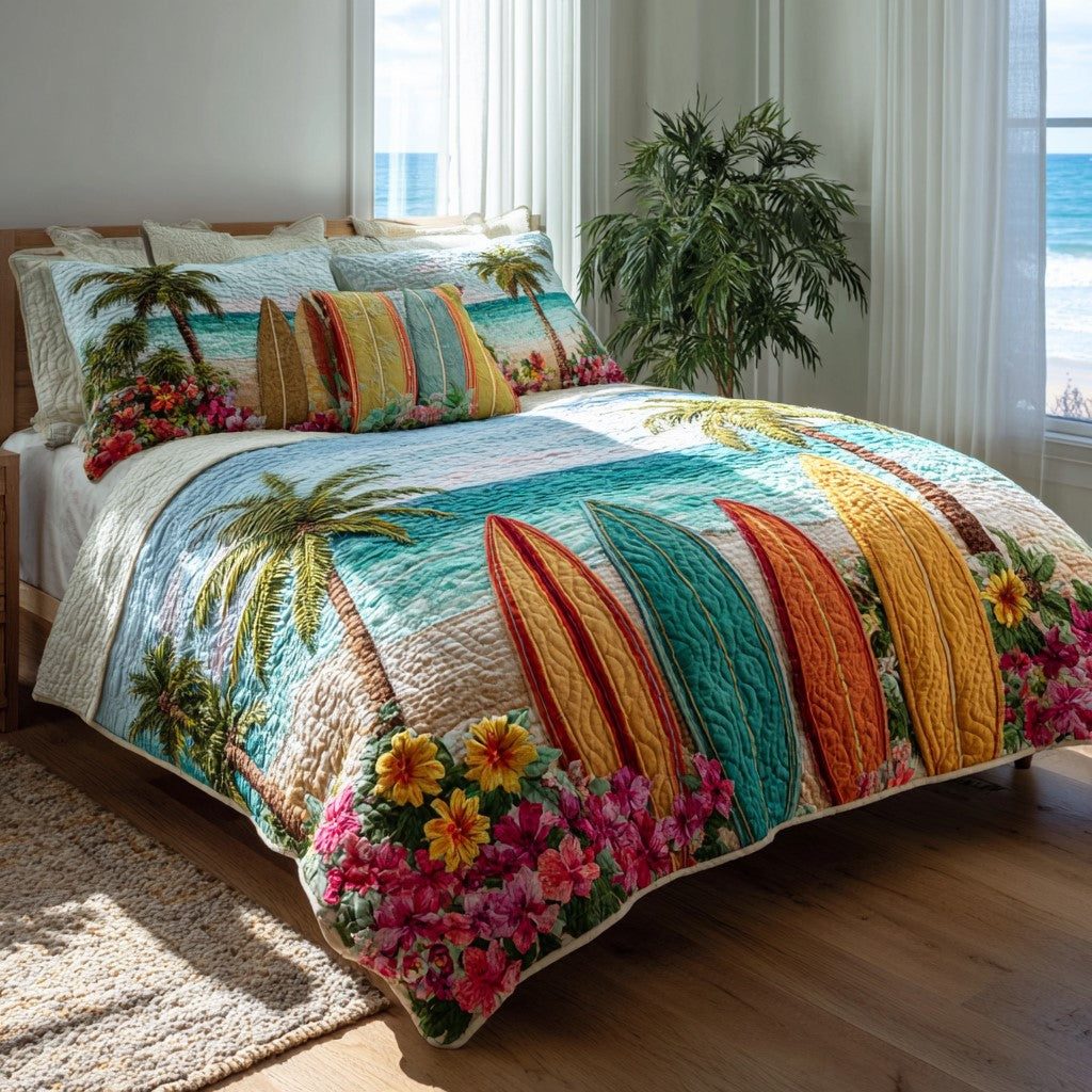 Tropical Bloom quilted 3-piece bedding set on a made bed in a light coastal bedroom