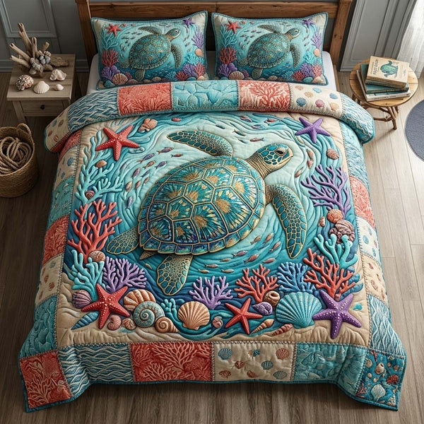 Tropical Bloom Turtle quilted 3-piece bedding set on a made bed in a light coastal bedroom
