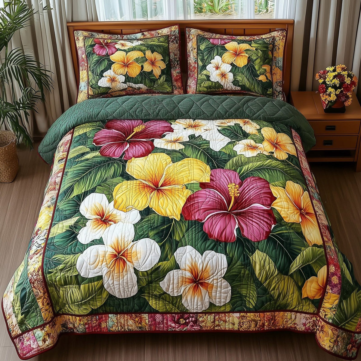 Tropical Blooming quilted 3-piece bedding set on a made bed in a light coastal bedroom