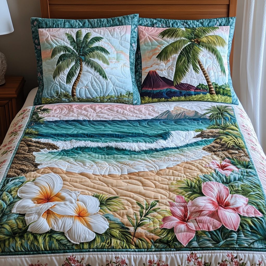 Tropical Blossom quilted 3-piece bedding set on a made bed in a light coastal bedroom