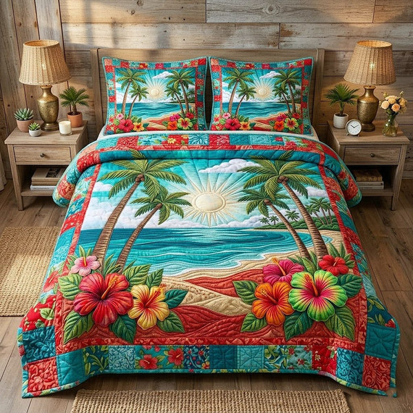 Tropical Breeze quilted 3-piece bedding set on a made bed in a light coastal bedroom