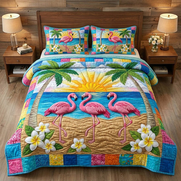 Tropical Breeze quilted 3-piece bedding set on a made bed in a light coastal bedroom