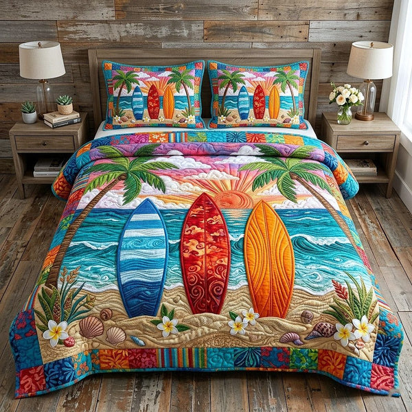 Tropical Breeze quilted 3-piece bedding set on a made bed in a light coastal bedroom
