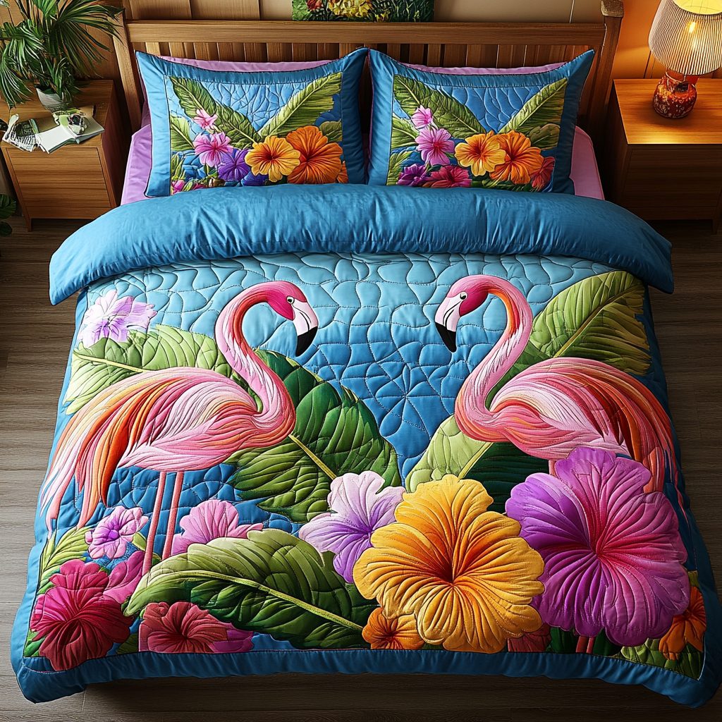 Tropical Breeze quilted 3-piece bedding set on a made bed in a light coastal bedroom