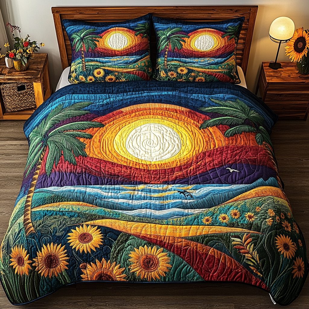Tropical Breeze quilted 3-piece bedding set on a made bed in a light coastal bedroom