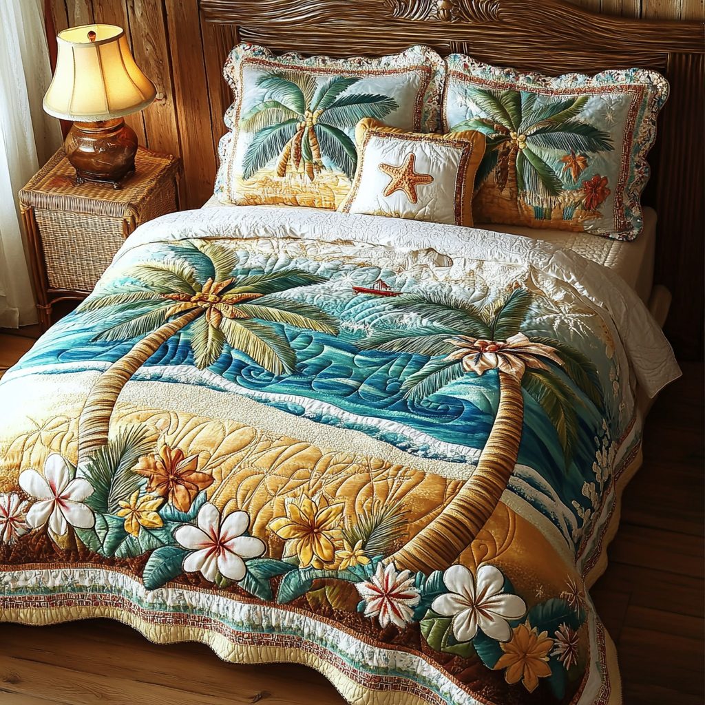 Tropical Breeze quilted 3-piece bedding set on a made bed in a light coastal bedroom