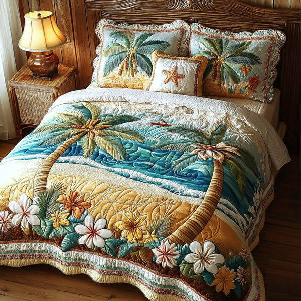 Tropical Breeze quilted 3-piece bedding set on a made bed in a light coastal bedroom