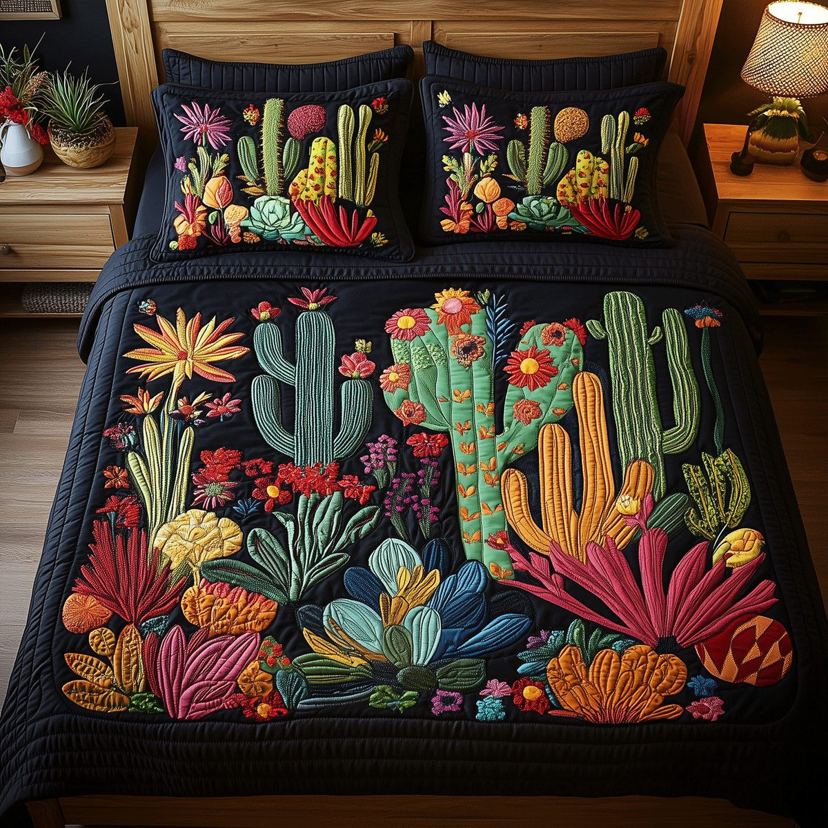 Tropical Cactus quilted 3-piece bedding set on a made bed in a light coastal bedroom