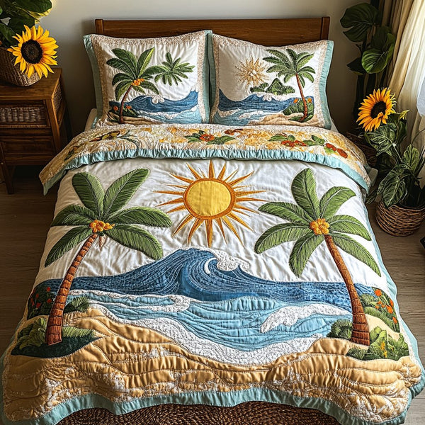 Tropical Calm quilted 3-piece bedding set on a made bed in a light coastal bedroom