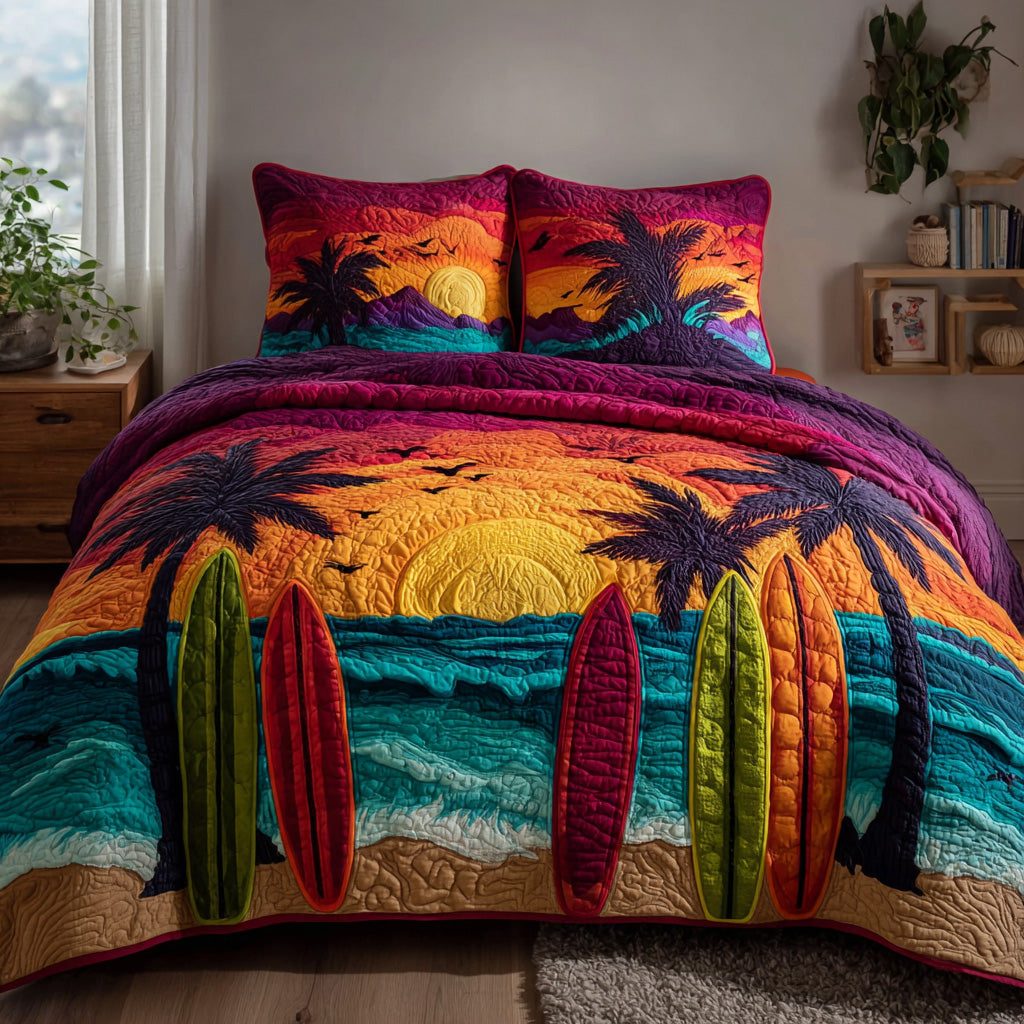 Tropical Coast quilted 3-piece bedding set on a made bed in a light coastal bedroom