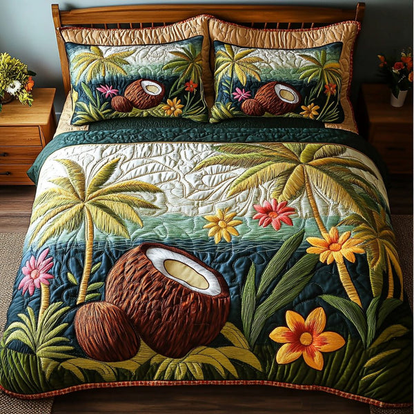 Tropical Coconut Paradise quilted 3-piece bedding set on a made bed in a light coastal bedroom