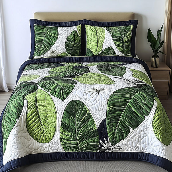 Tropical Dream quilted 3-piece bedding set on a made bed in a light coastal bedroom