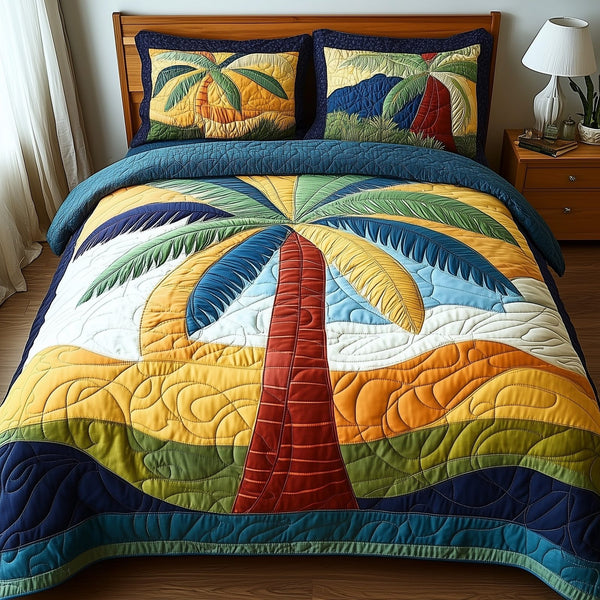 Tropical Dream quilted 3-piece bedding set on a made bed in a light coastal bedroom
