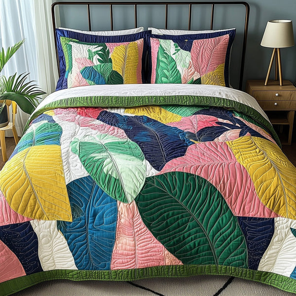 Tropical Dream quilted 3-piece bedding set on a made bed in a light coastal bedroom