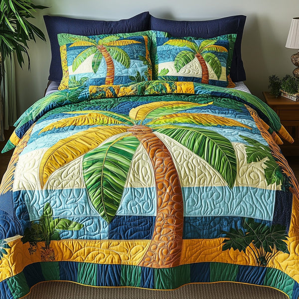 Tropical Dream quilted 3-piece bedding set on a made bed in a light coastal bedroom