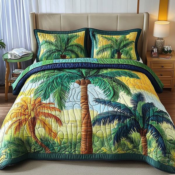 Tropical Dream quilted 3-piece bedding set on a made bed in a light coastal bedroom