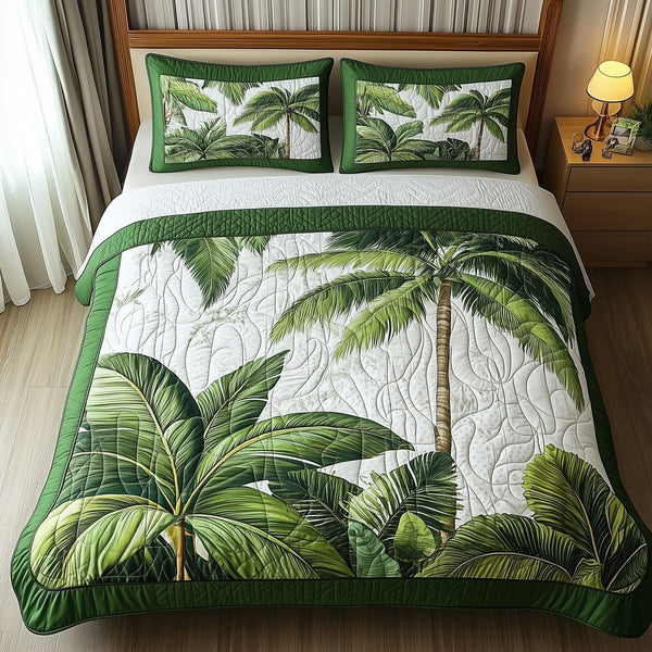 Tropical Dream quilted 3-piece bedding set on a made bed in a light coastal bedroom