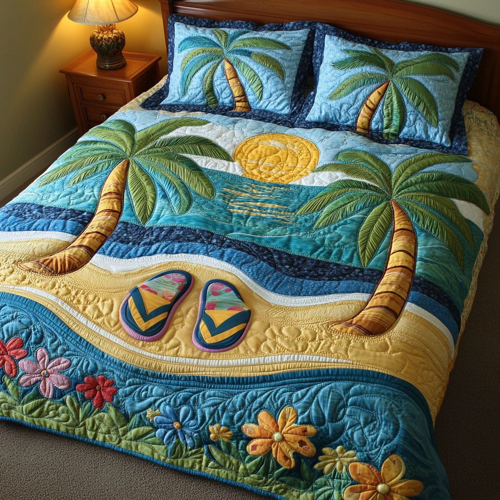 Tropical Dream quilted 3-piece bedding set on a made bed in a light coastal bedroom